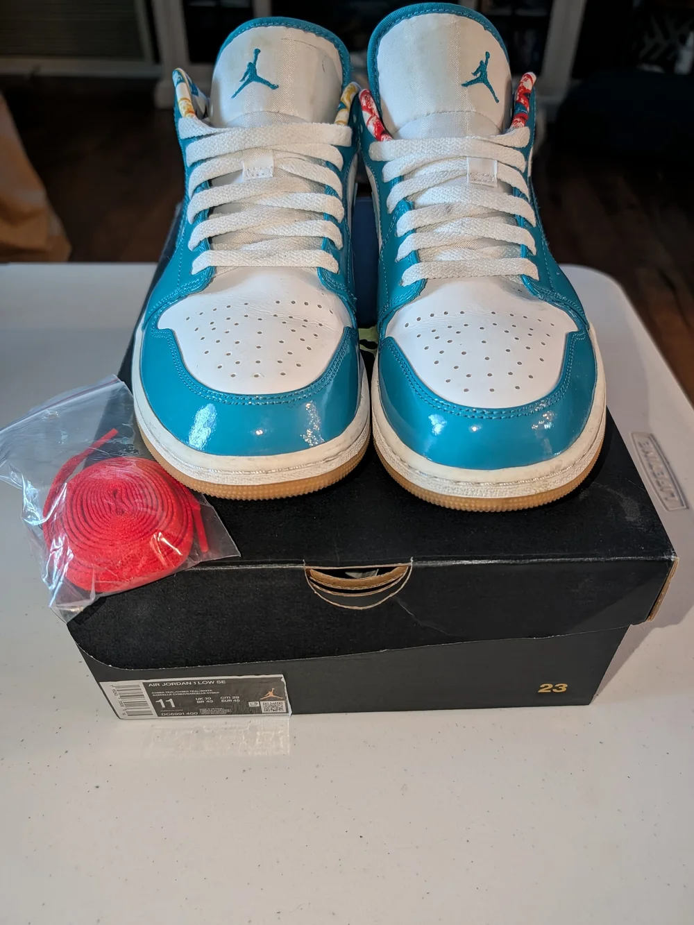 Jordan Men's Low-Top Sneakers in White & Teal with Red Laces 